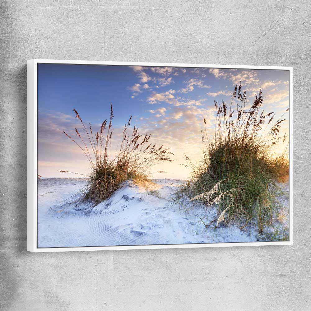 Beach and coastal wall art print of Coastal Sunrise with white framed canvas