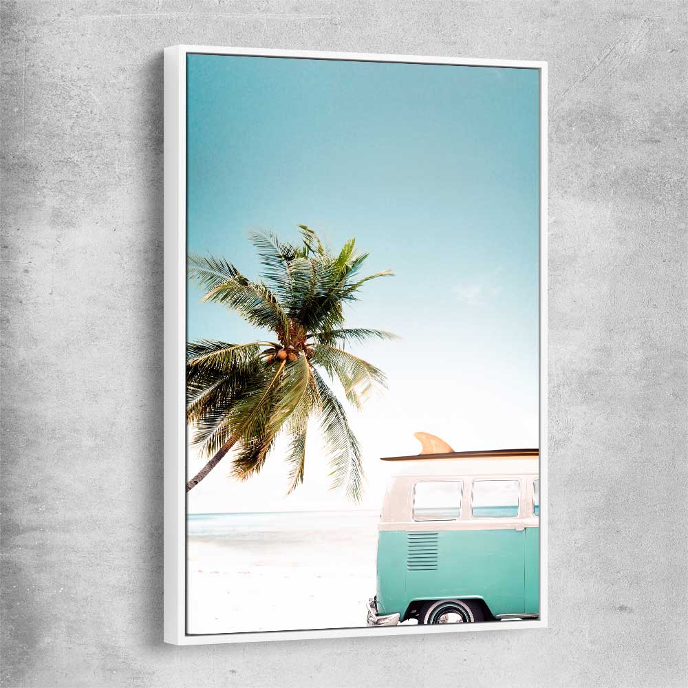 Beach and coastal wall art print of Combi Van Beach with white framed canvas