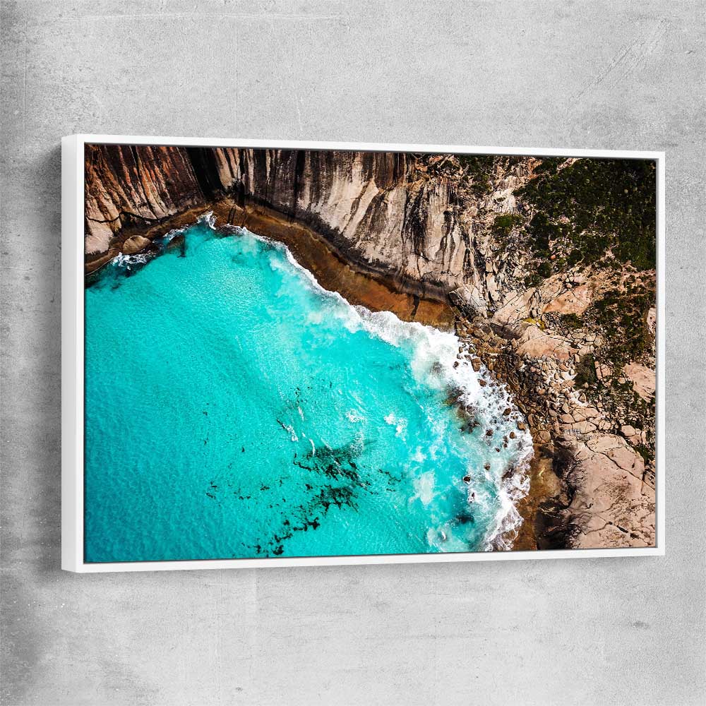 Beach and coastal wall art print of Crystal Clear Tides with white framed canvas