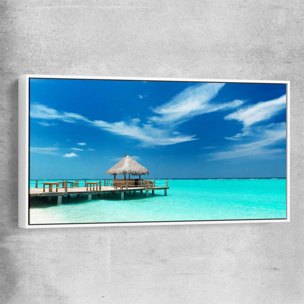 Beach and coastal wall art print of Exotic Beach Bar with white framed canvas