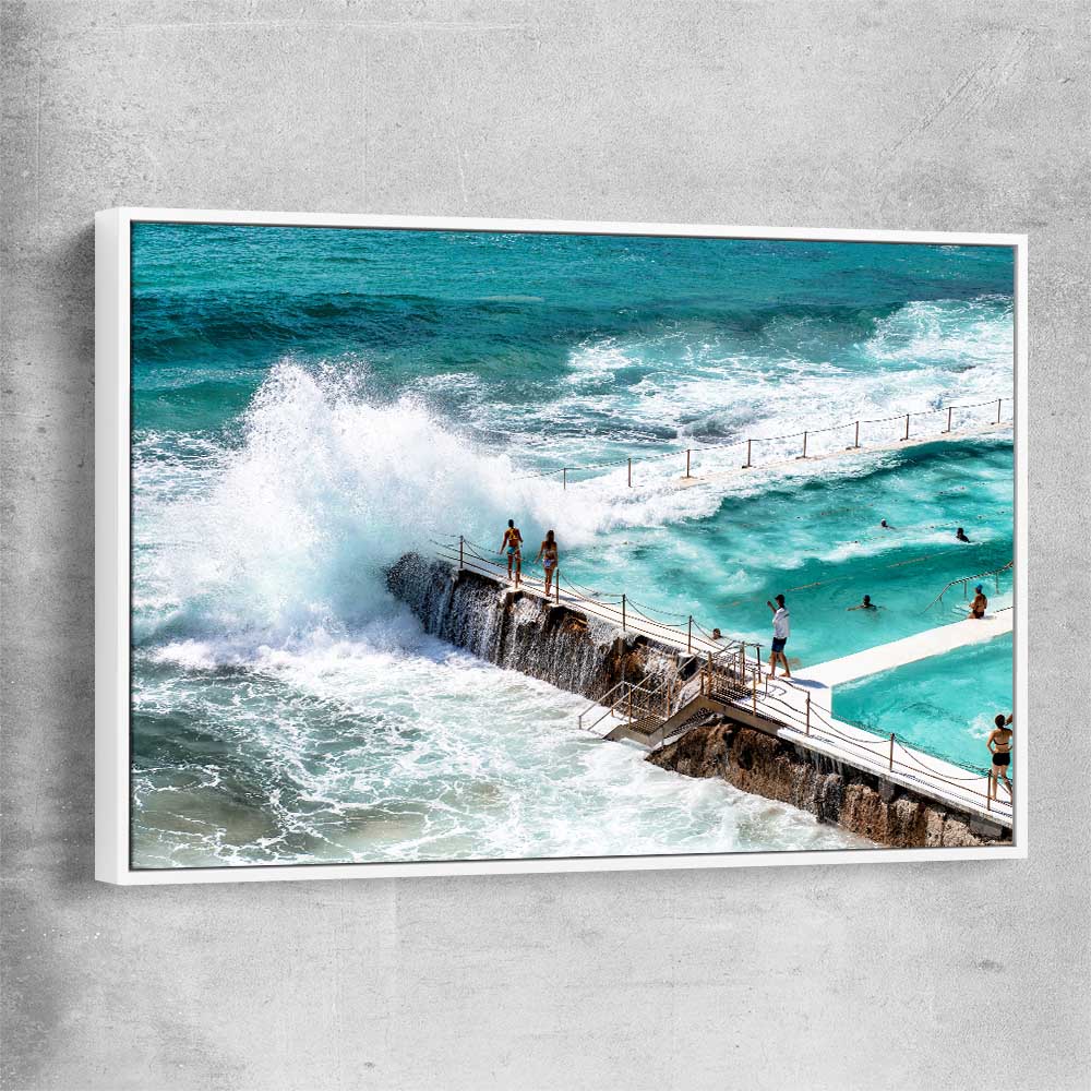 Beach and coastal wall art print of Freezing Icebergs with white framed canvas
