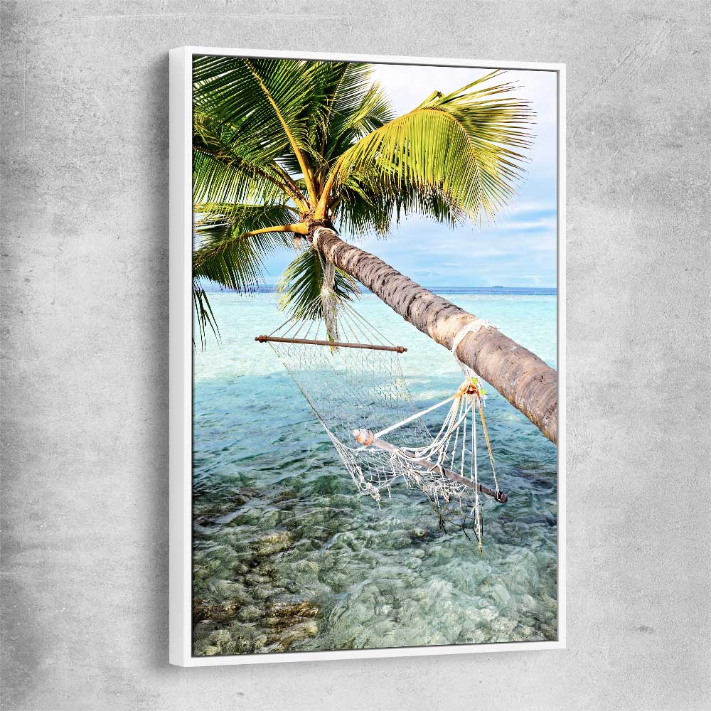 Beach and coastal wall art print of Maldives Hammock with white framed canvas