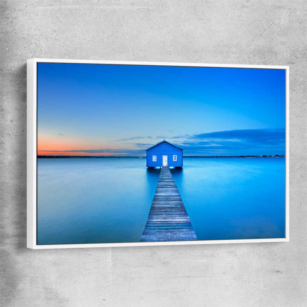 Beach and coastal wall art print of Matilda Bay Boathouse with white framed canvas