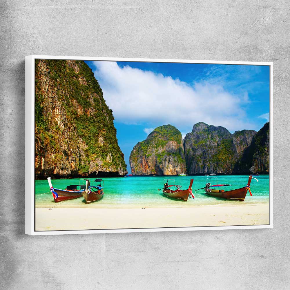 Beach and coastal wall art print of Maya Bay Beach with white framed canvas