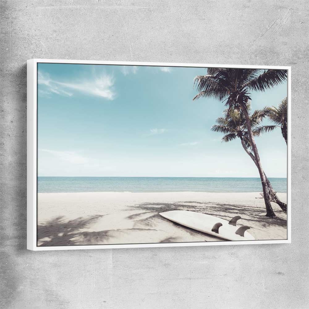 Beach and coastal wall art print of Palm Tropics with white framed canvas