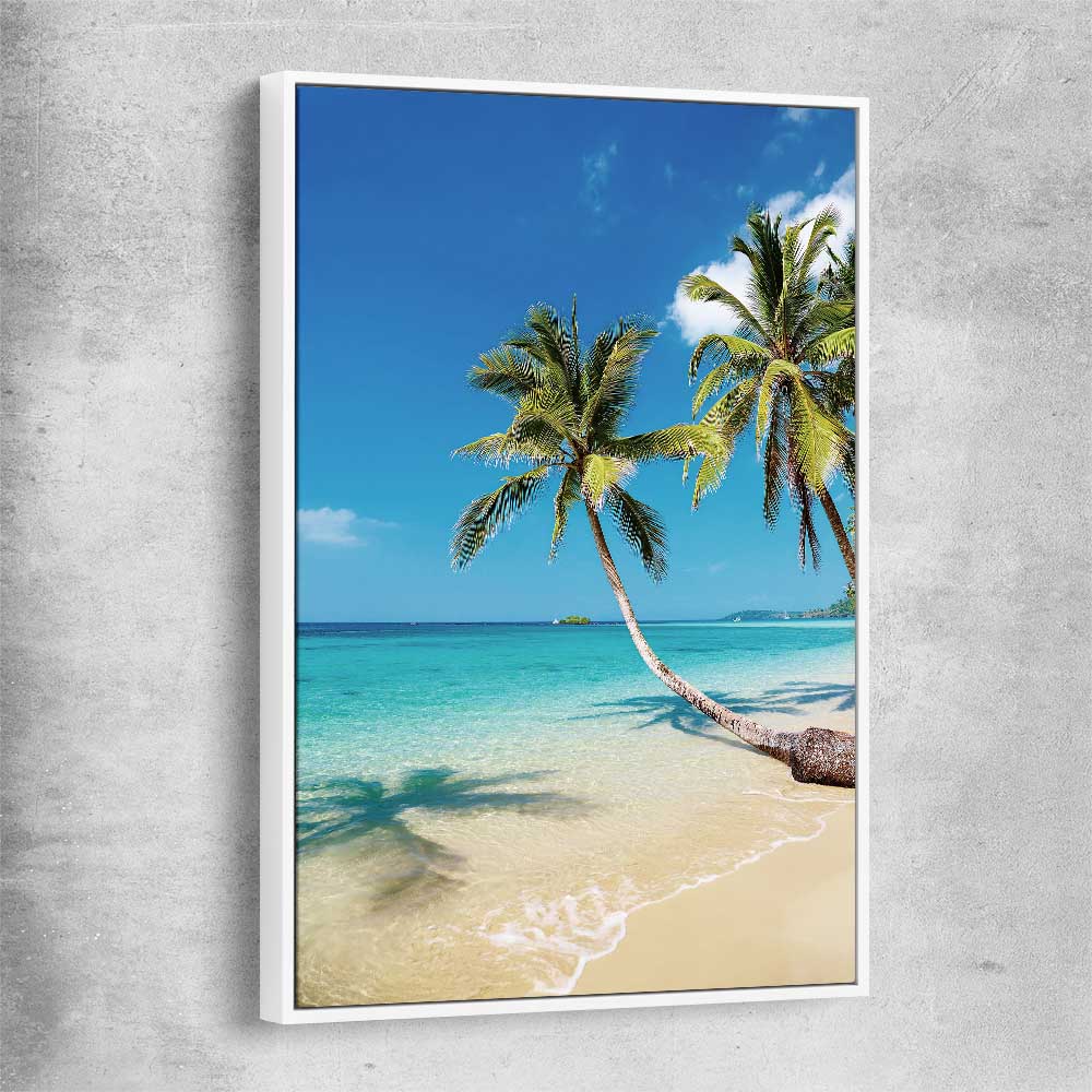 Beach and coastal wall art print of Paradise Palms with white framed canvas