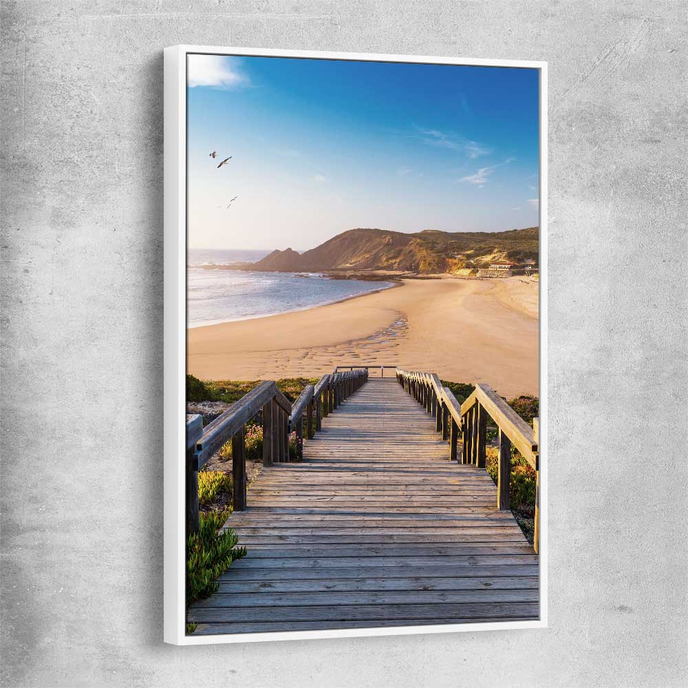 Beach and coastal wall art print of Paradise Walkway with white framed canvas