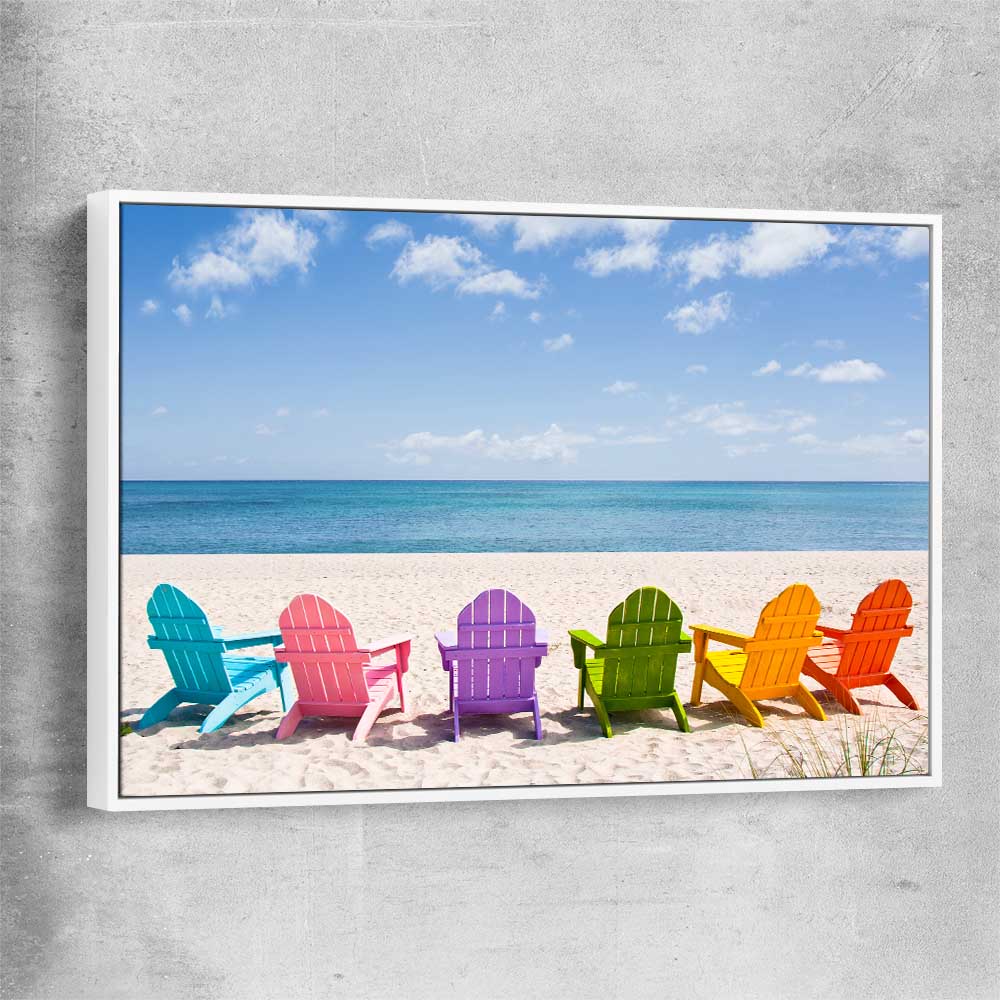 Beach and coastal wall art print of Pastel Chairs with white framed canvas