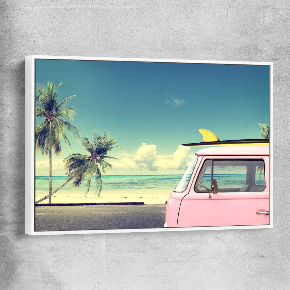 Beach and coastal wall art print of Pink Combi Surf with white framed canvas