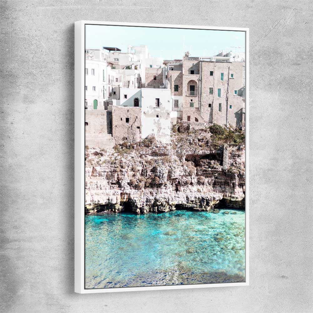 Beach and coastal wall art print of Polignano a Mare with white framed canvas