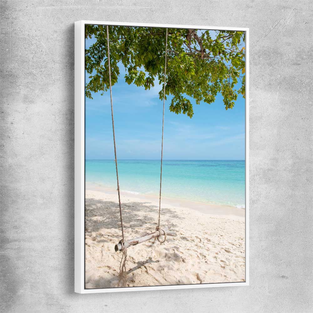 Beach and coastal wall art print of Pristine Beach Swing with white framed canvas