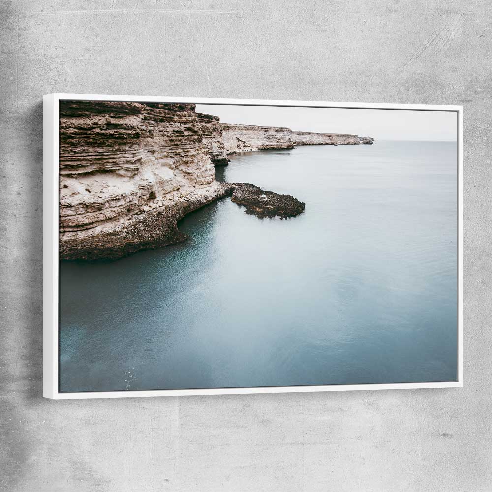 Beach and coastal wall art print of Quiet Waters with white framed canvas