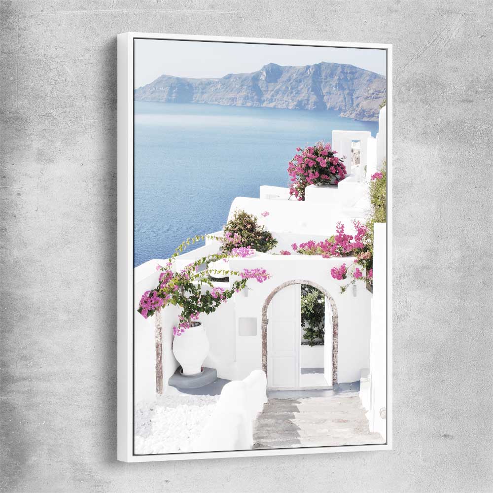 Beach and coastal wall art print of Santorini Island with white framed canvas