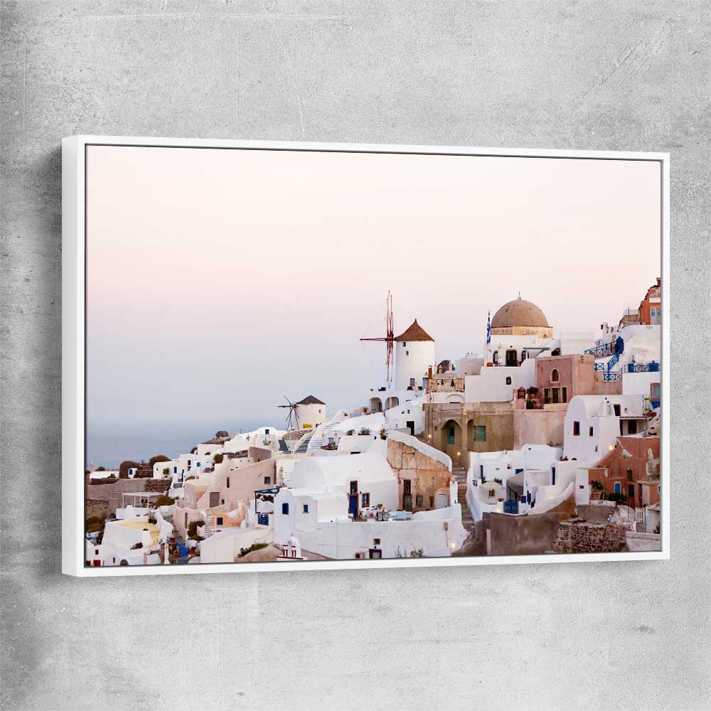 Beach and coastal wall art print of Santorini Sunrise with white framed canvas