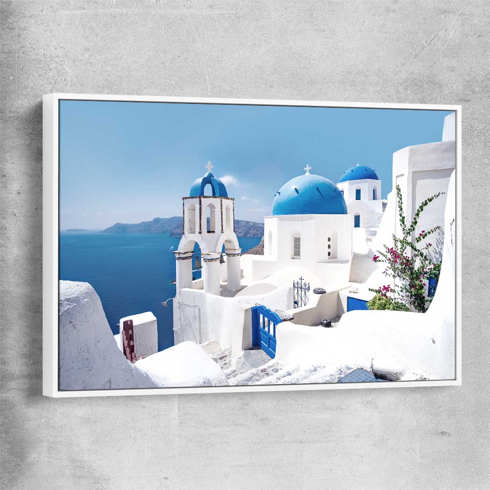 Beach and coastal wall art print of Santorini Views with white framed canvas
