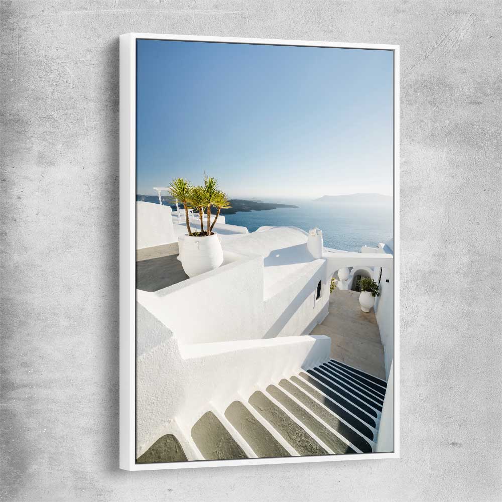 Beach and coastal wall art print of Santorini Walkway with white framed canvas