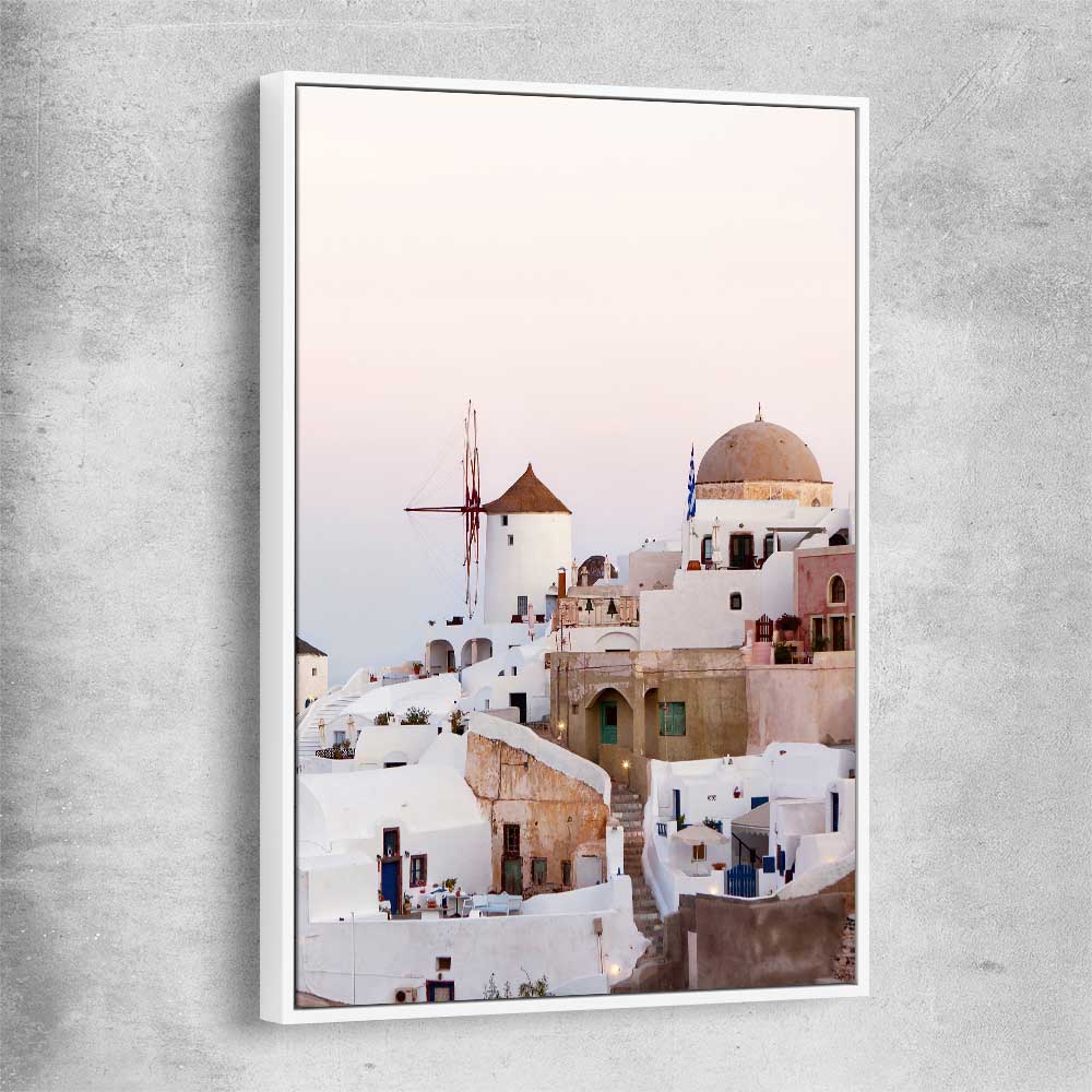 Beach and coastal wall art print of Santorini Windmill with white framed canvas