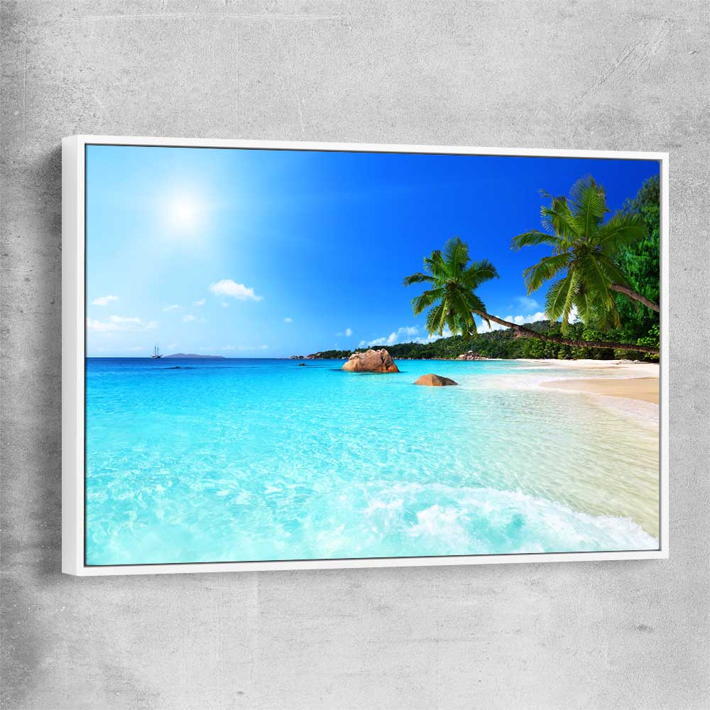 Beach and coastal wall art print of Seychelles Crystal Water with white framed canvas