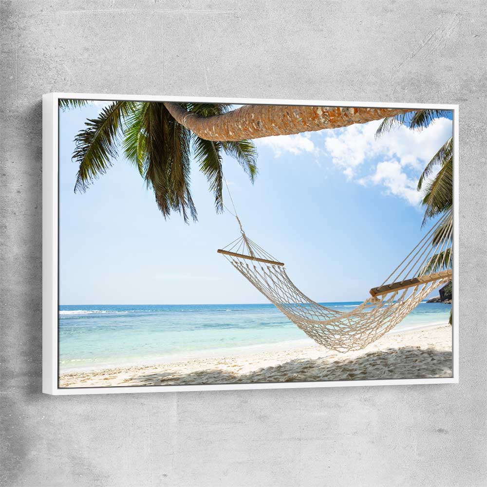 Beach and coastal wall art print of Seychelles Hammock with white framed canvas
