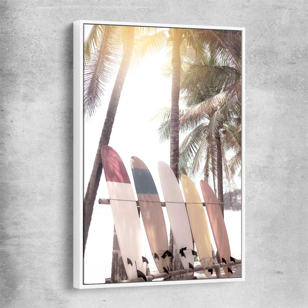 Beach and coastal wall art print of Surf Sunset with white framed canvas