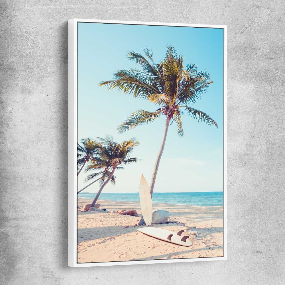 Beach and coastal wall art print of Surfing Break with white framed canvas