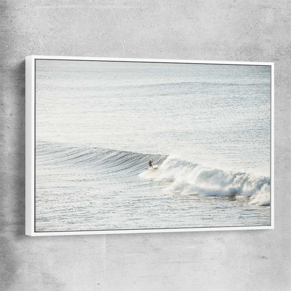 Beach and coastal wall art print of Surfing Waves with white framed canvas