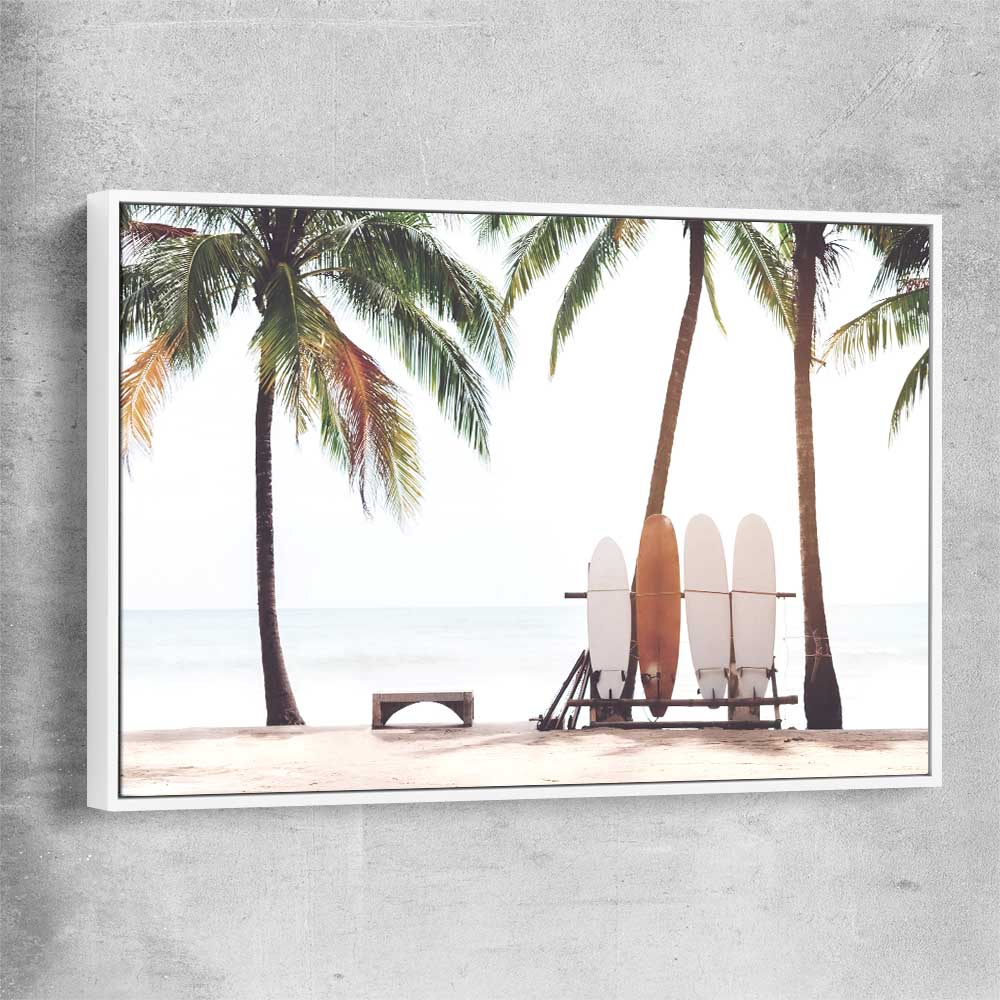 Beach and coastal wall art print of Tropical Boards with white framed canvas