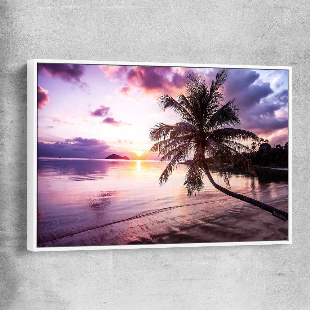 Beach and coastal wall art print of Tropical Sunset with white framed canvas