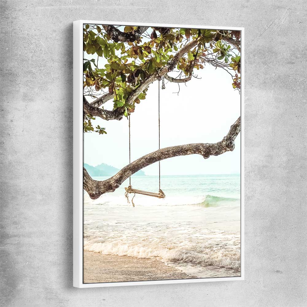 Beach and coastal wall art print of Tropical Swing with white framed canvas