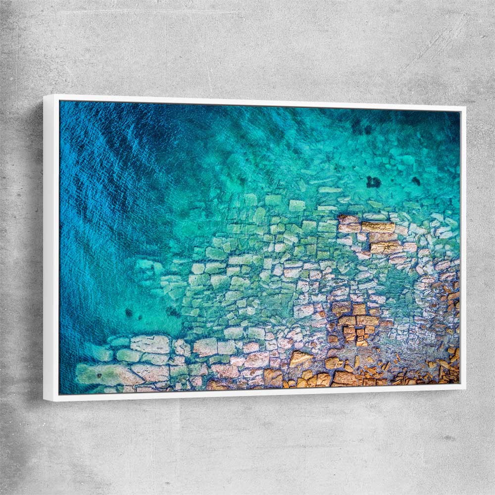 Beach and coastal wall art print of Watsons Bay Rocks with white framed canvas