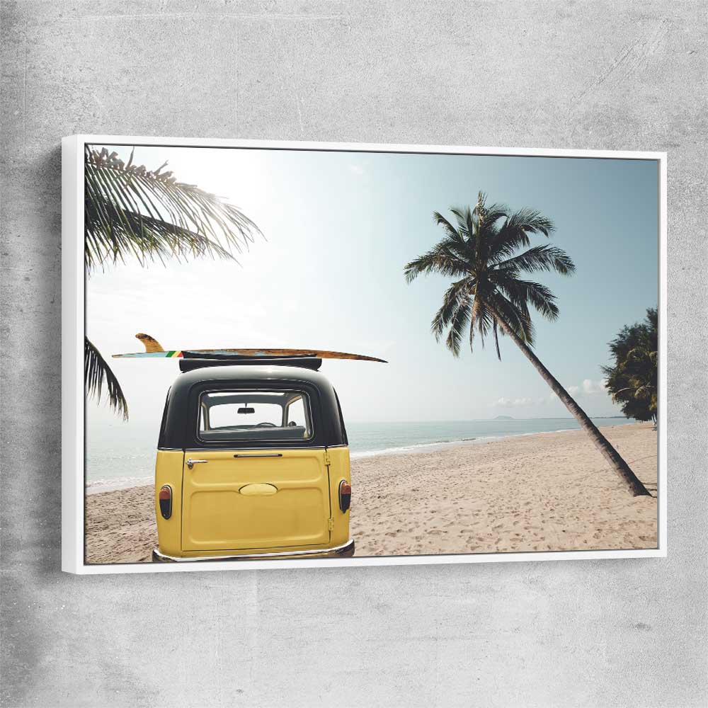 Beach and coastal wall art print of Yellow Combi Surf with white framed canvas