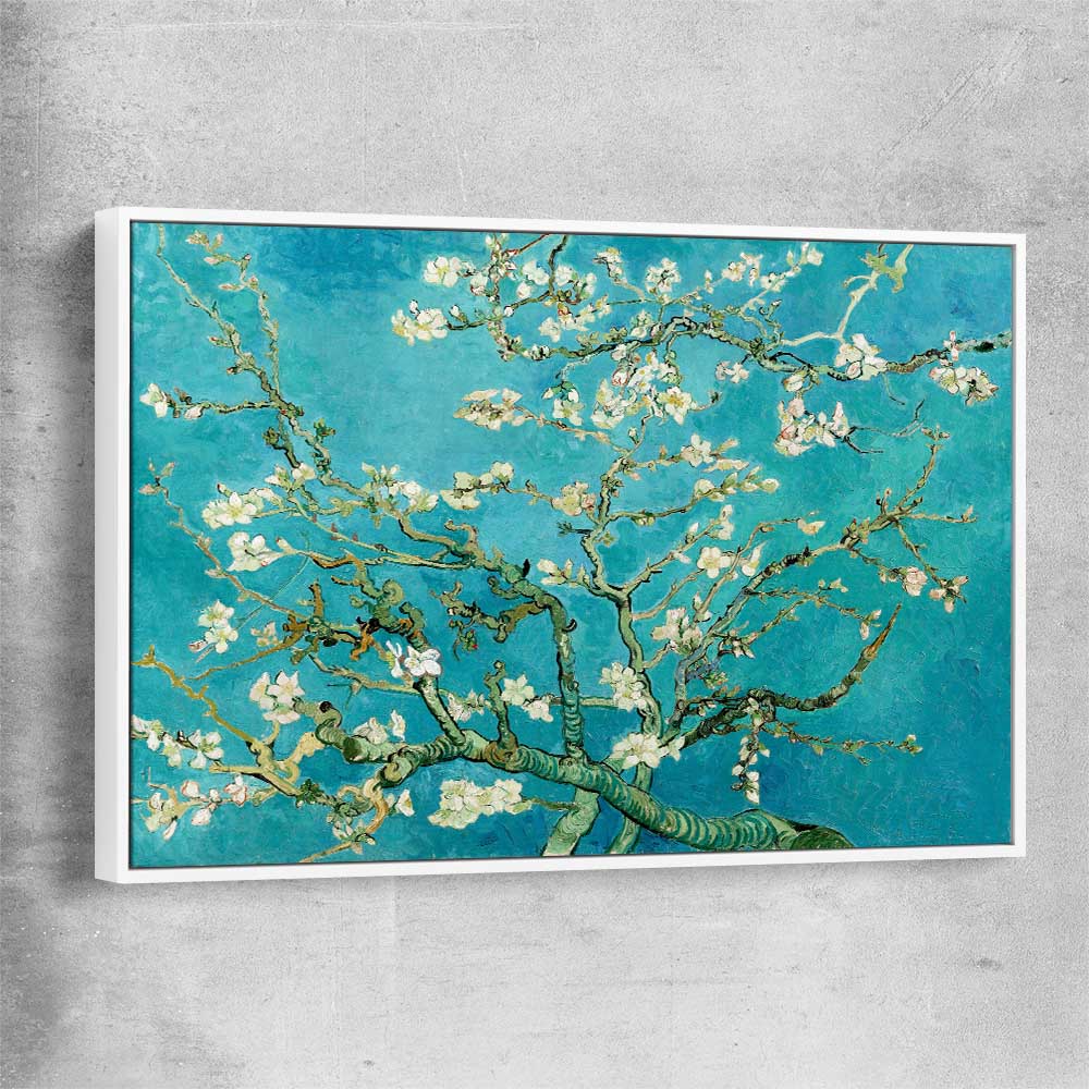 Classic wall art and canvas print of Almond Blossom Van Gogh with white framed canvas