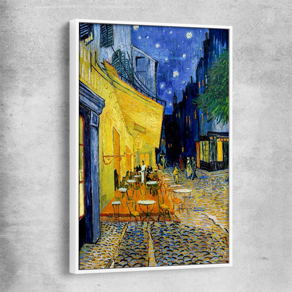 Classic wall art and canvas print of Cafe Terrace Van Gogh with white framed canvas