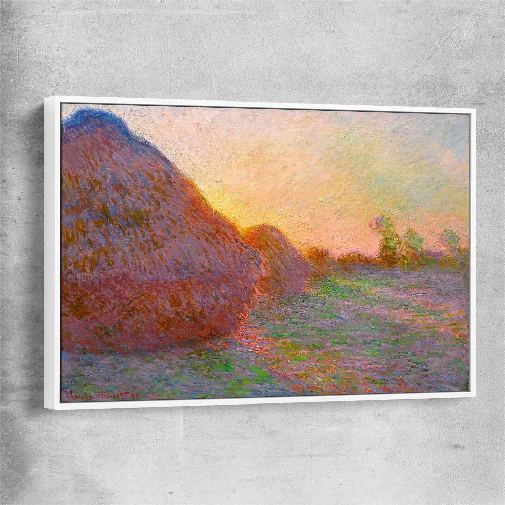 Classic wall art and canvas print of Haystacks Claude Monet with white framed canvas