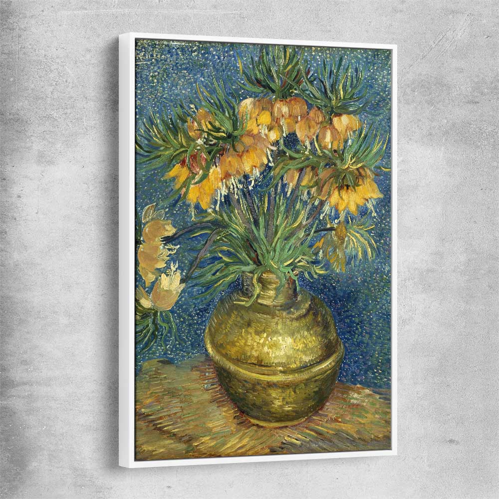 Classic wall art and canvas print of Imperial Fritillaries Van Gogh with white framed canvas