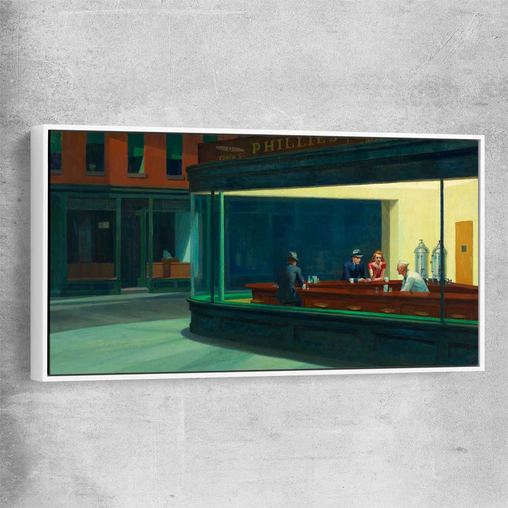 Classic wall art and canvas print of Nighthawks Edward Hopper with white framed canvas