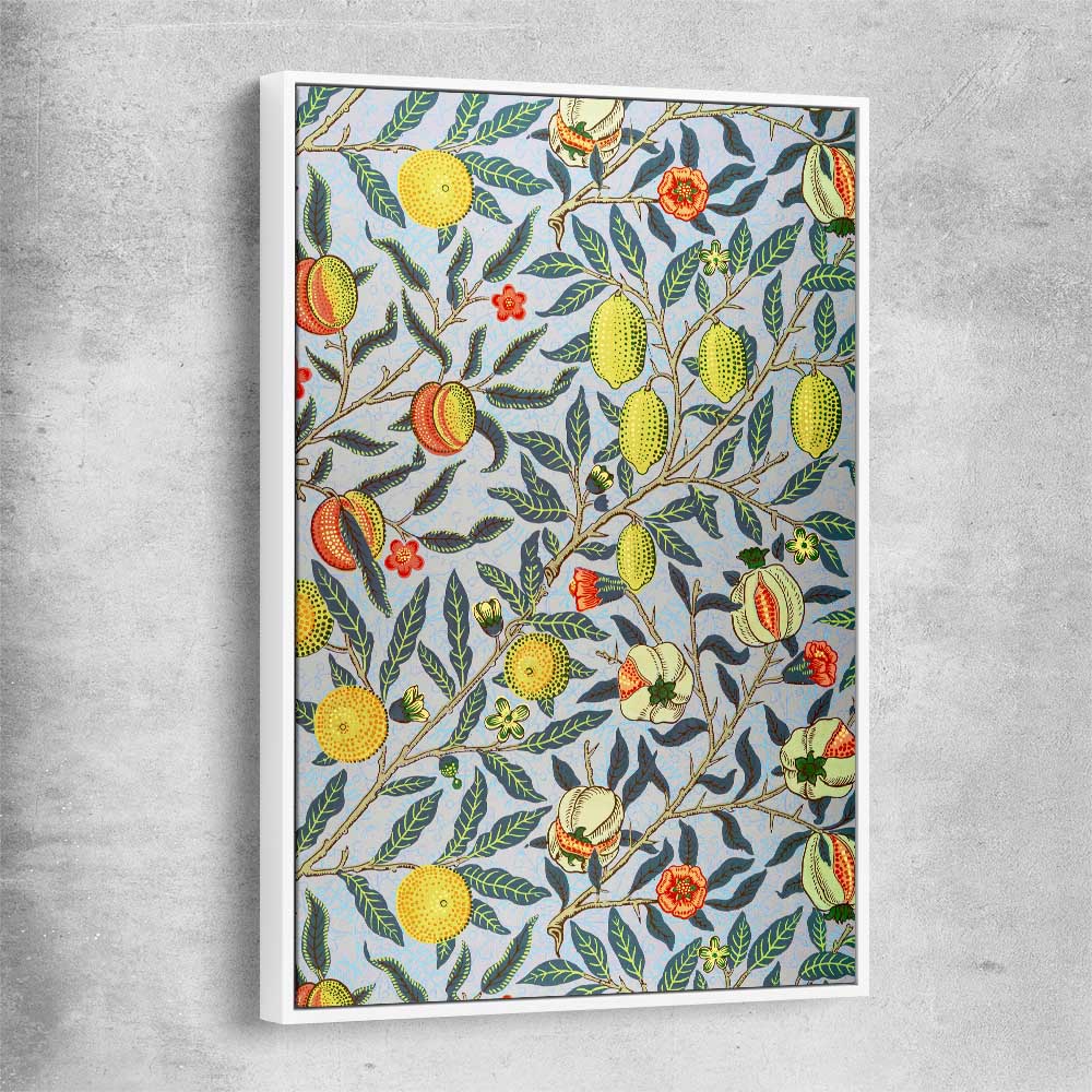 Classic wall art and canvas print of Pomegranate William Morris with white framed canvas
