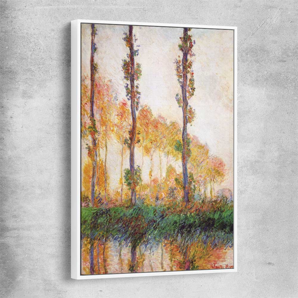 Classic wall art and canvas print of Poplars Claude Monet with white framed canvas