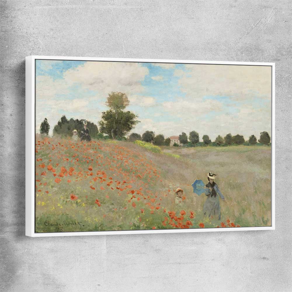 Classic wall art and canvas print of Poppy Field Claude Monet with white framed canvas