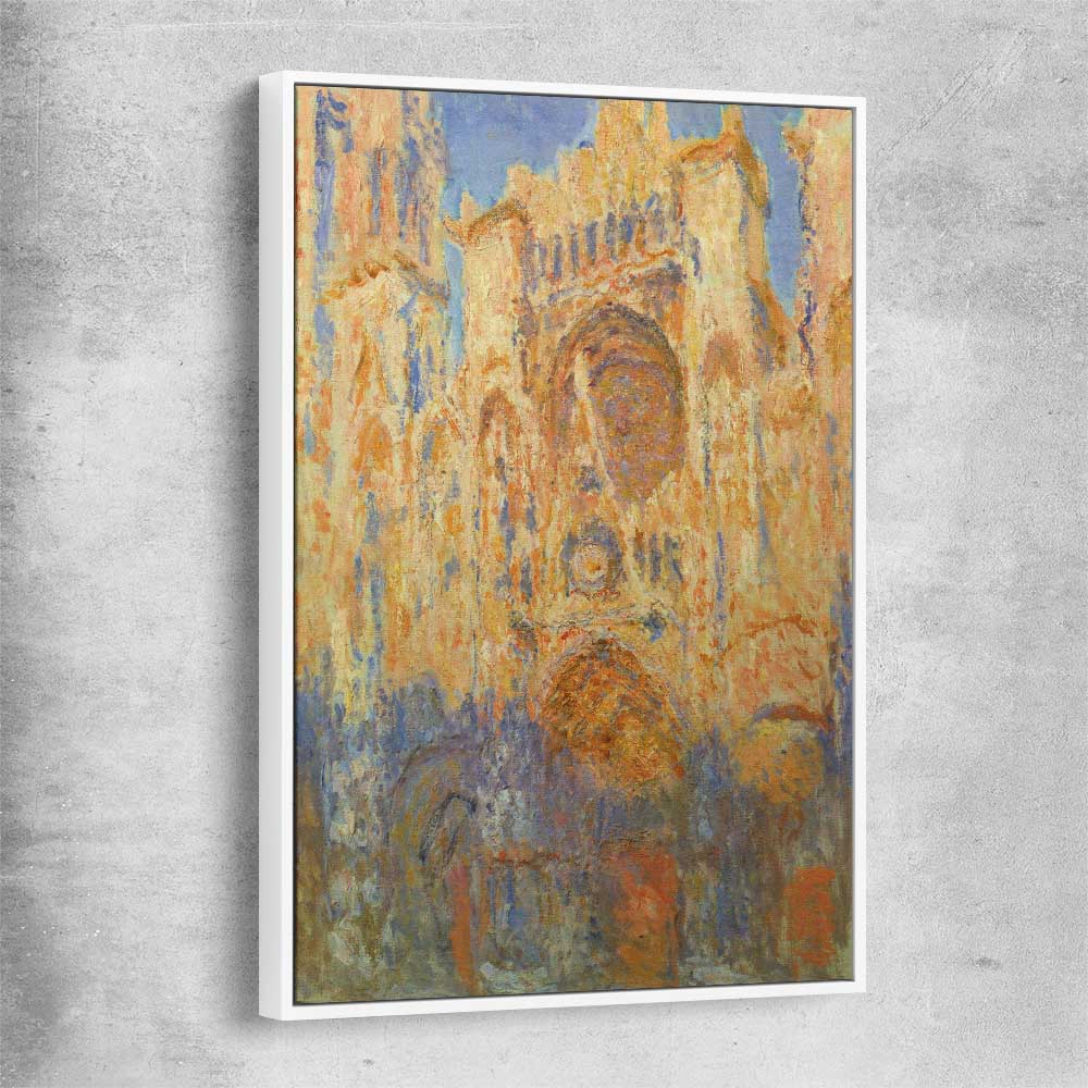 Classic wall art and canvas print of Rouen Cathedral Claude Monet with white framed canvas