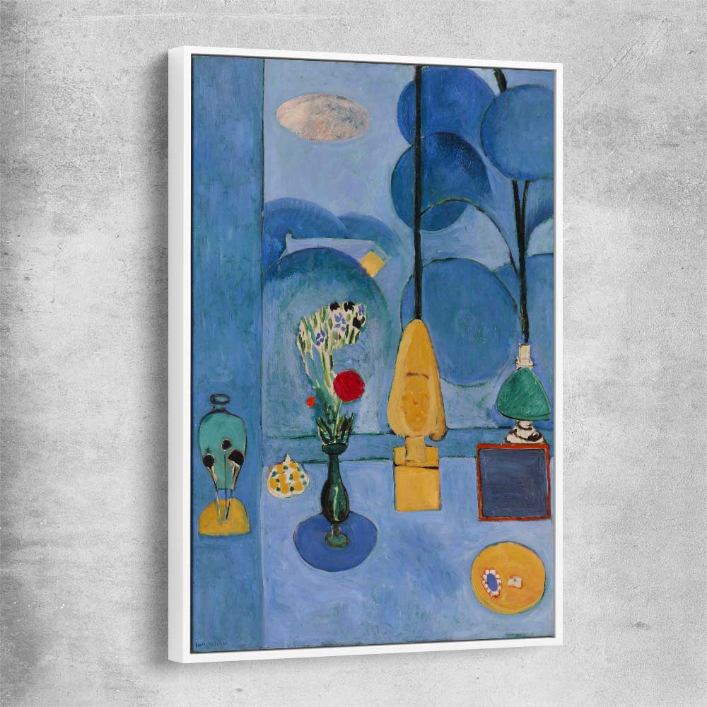 Classic wall art and canvas print of The Blue Window Henri Matisse with white framed canvas