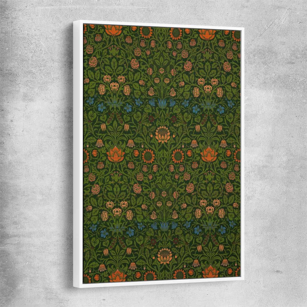 Classic wall art and canvas print of Violet Columbine William Morris with white framed canvas