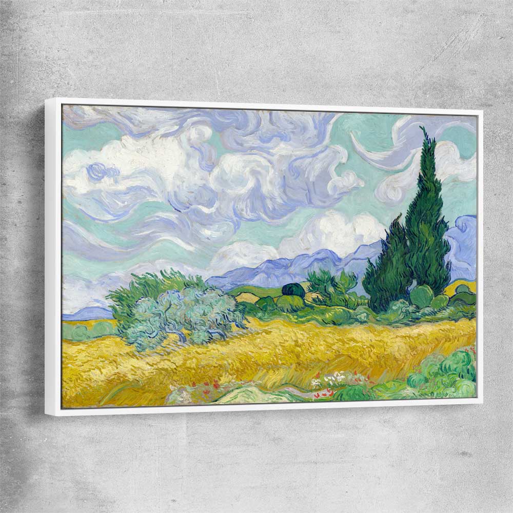 Classic wall art and canvas print of Wheatfield Van Gogh with white framed canvas