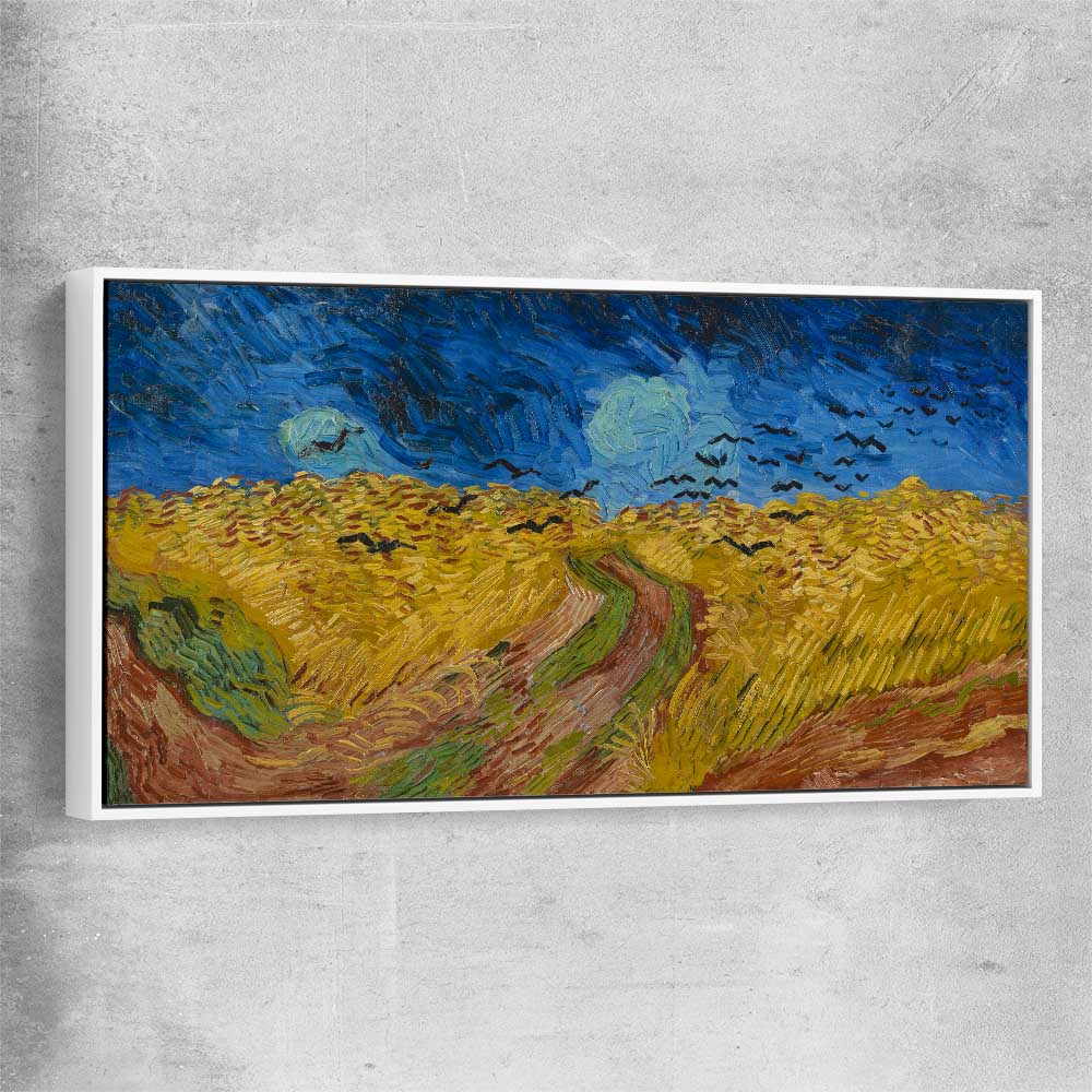 Classic wall art and canvas print of Wheatfield with Crows Van Gogh with white framed canvas