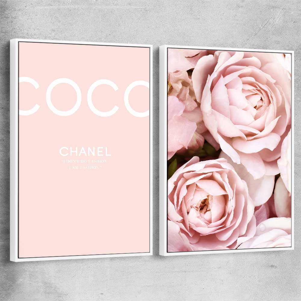 Coco Pink Pair white framed canvas - part of our high quality fashion canvas wall art and prints collection