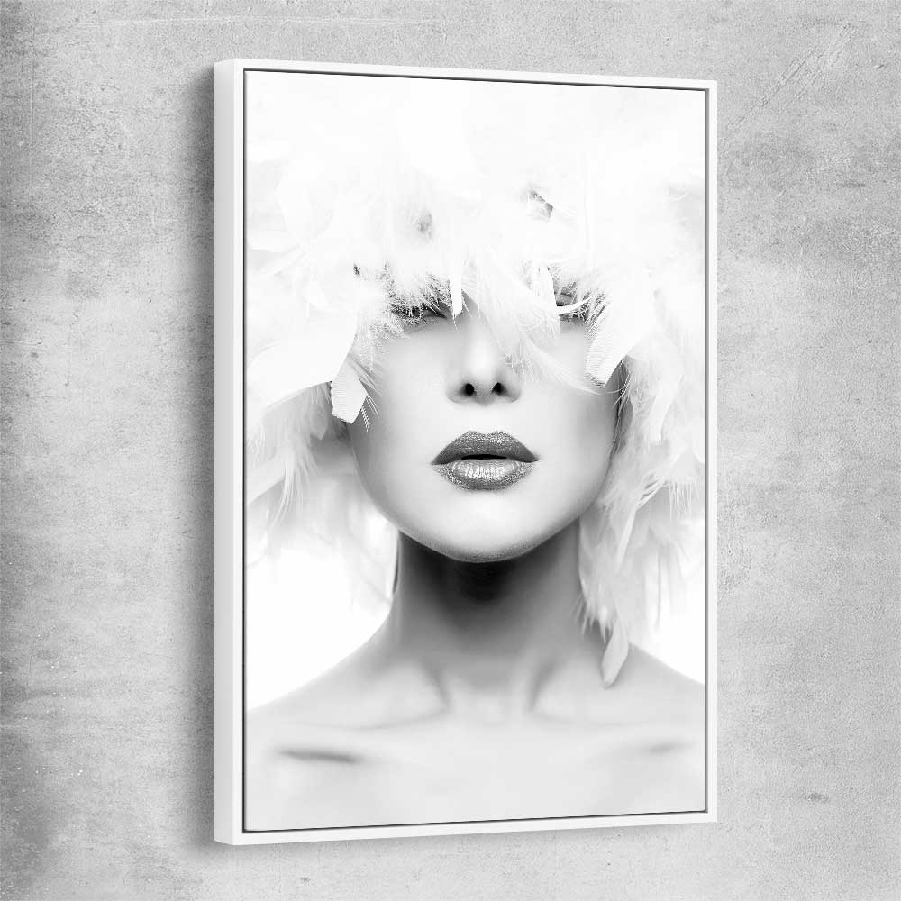 Feather Lips white framed canvas - part of our high quality fashion canvas wall art and prints collection