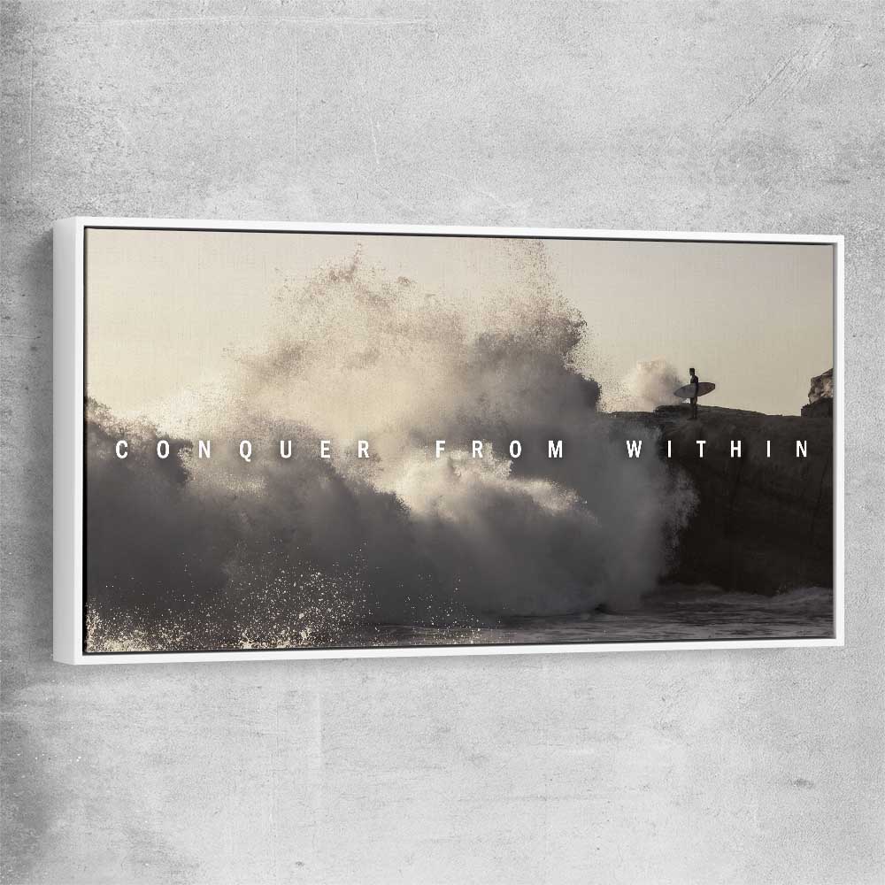 Inspirational wall art print of Conquer with white framed canvas