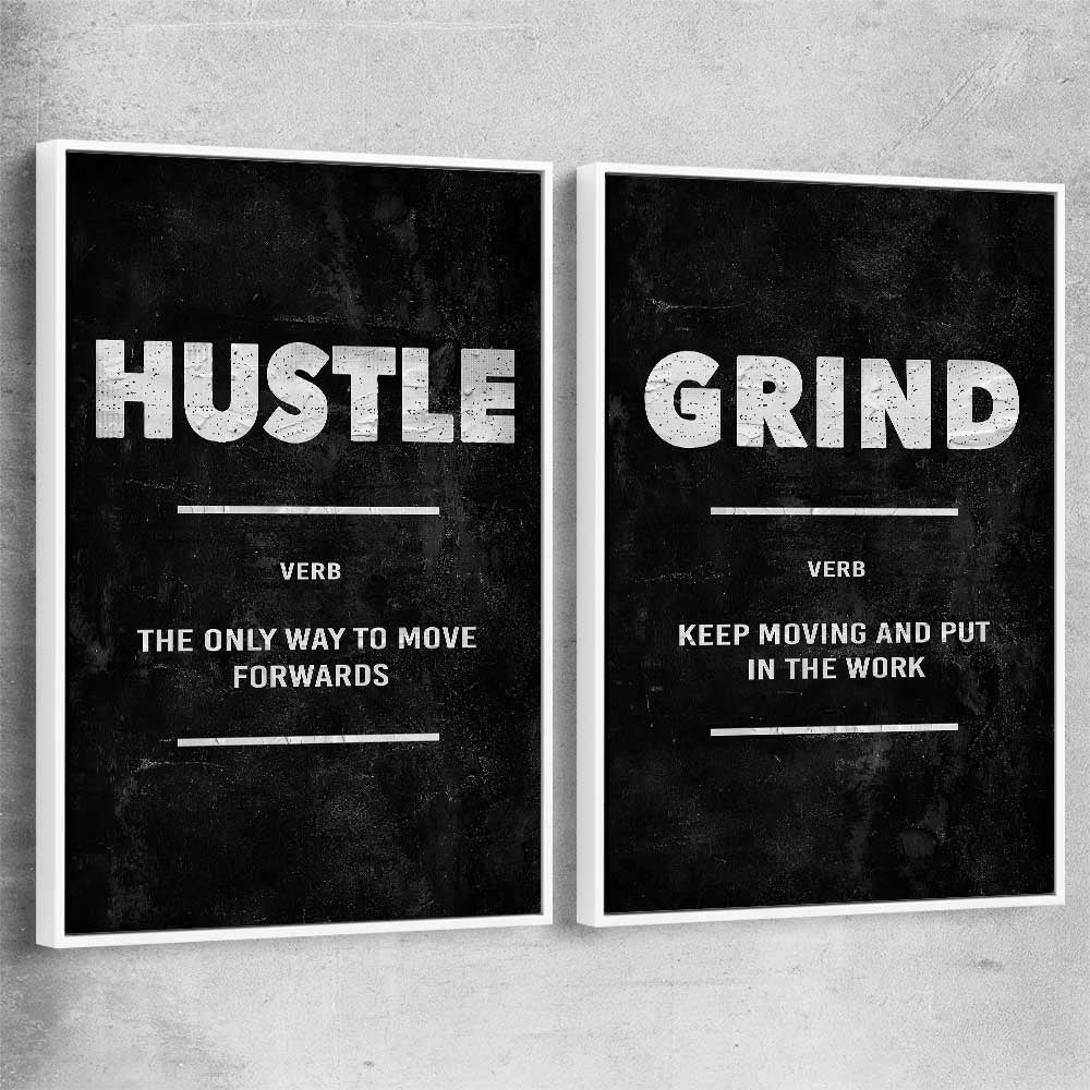 Inspirational wall art print of Hustle Definition Pair with white framed canvas