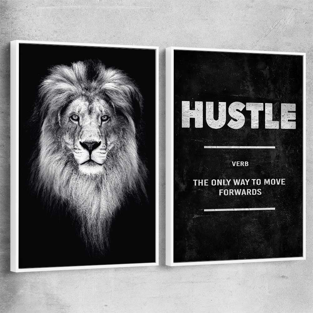 Inspirational wall art print of Lion Gaze Pair with white framed canvas