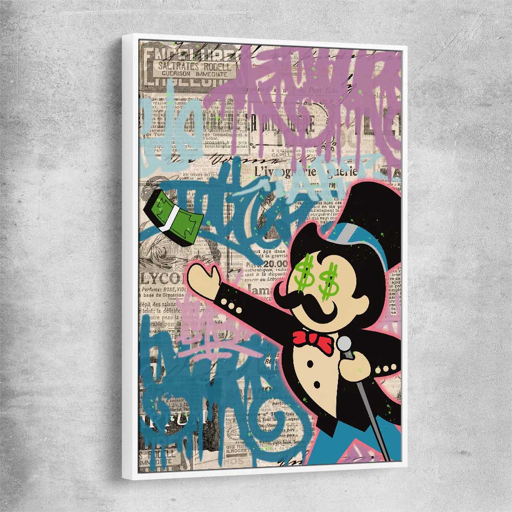 Moneybags Graffiti white framed canvas - part of our high quality fashion canvas wall art and prints collection